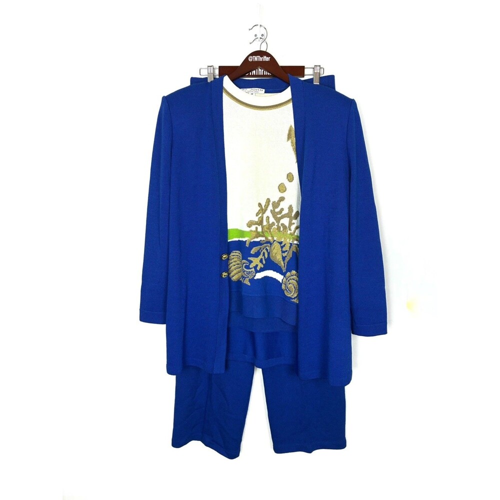 St John Vintage 3 Piece Santana Knit Blue Cardigan Outfit Set Nautical 14 16 Med